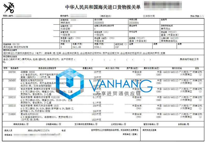 臺灣食品用香精進(jìn)口報關(guān)資料